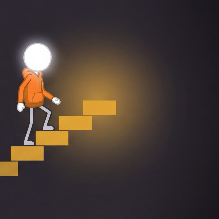 A small figure climbing glowing gold steps