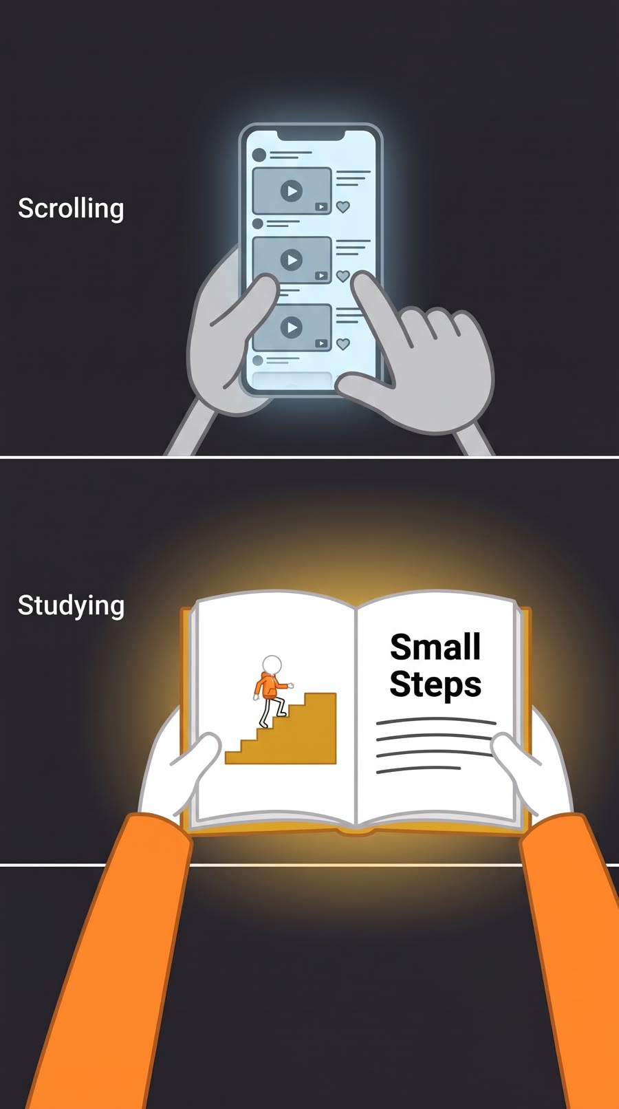 Hands holding a phone and hands holding the Small Steps book
